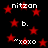 Black background with red stars and white text elements including 'nitzan', 'b.', and 'xoxo' arranged in a repeating pattern.