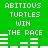 Green background with white pixelated text reading "ABITIOUS TURTLES WIN THE RACE" in two vertical , each containing two identical text blocks with horizontal line patterns below them