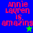 Pixelated text 'Annie Lauren is amazing' in red on blue, green, and teal backgrounds with a green star and blue star icon.