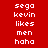 Red background with white pixelated text arranged in a , featuring alternating dark green rectangular blocks that change position across frames