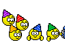 Animated sequence of yellow smiley faces with party hats holding birthday items, including a gift box and speech bubbles reading "Happy Birthday!".