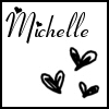 Black-and-white static icon featuring the name 'Michelle' in cursive script with three heart symbols on a white background.