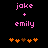 Pixelated pink text 'joke + emily' above orange and brown heart symbols on black background, with animation changing heart positions.