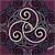 A static pixelated icon featuring three interlocking spirals in light gray against a dark purple and blue patterned background.