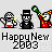 Pixel art animation of three characters with 'Happy New 2003' text below, showing sequential pose changes in a