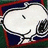 White cartoon dog with closed eyes and a small nose, positioned in a square frame with red and blue borders.
