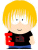 Pixelated character with blonde hair and black shirt displays changing red text overlays