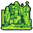 Pixelated green and dark green structure resembling a castle with towers and walls on a gray background.