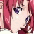 Anime-style character with pink hair and purple eyes, side profile against black background with pixelated text.