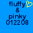 Pixelated text 'fluffy & pinky 012208' on blue background with yellow heart symbol replacing the ampersand in one view.