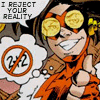 Cartoon character in orange outfit with coin-shaped glasses, holding a 'no ' symbol while speaking