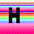 A static icon featuring a large black capital 'H' centered over horizontal rainbow stripes with pixelated edges.