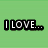 Green background with 'I LOVE...' text, chocolate box image, gray elephant graphic, pink heart, ballet shoes, and green music note with 'AND MUSIC!' text.