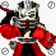 Pixelated character in red robe with silver armor, blue accents, and dark hair holding a staff-like object against white background.