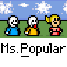 Animated contact sheet of 8 pixel art frames showing a sequence of stick figures and cartoon characters with repeated text "Ms.Popular" on gray background.