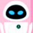 Pixelated robot face with large blue eyes, black oval head, white border, and green circular chest emblem on pink background.