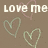 Brown background with white text 'love me', 'or', and 'hate me' surrounded by green and pink heart outlines.