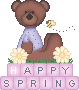 Brown teddy bear in light purple pajamas sits on a brown log with white daisies, bees flying near its head; 'HAPPY SPRING' text below.