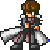 Pixel art character with brown hair and white-collared dark gray outfit, shown in four static poses with varying arm and cape positions against gray background.