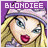 Pixelated cartoon character with blonde hair and purple headband in two animation frames showing mouth movement, labeled "BLONDIEE" at top on purple background.