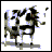 Pixelated cow icon with black and white patches, standing on a gray base with scattered fragments around it.