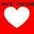 Red background with four white hearts arranged in a , each heart bordered by black text reading "love ParisB" above and below the