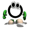 A cartoon character with a black circular head, green arms, and beige feet in various poses showing movement.