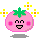 Pixelated pink tomato-shaped character with green stem, two round cheeks, and four yellow-orange sparkles above it on gray background.
