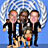 Pixelated static image of three cartoonish figures in business attire standing side-by-side against a blue background with white circular highlights.
