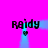 Pixelated text 'raidy' appears four times on a bright pink background with cyan light beams and small hearts.