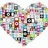 A heart-shaped collage of small, pixelated images in various colors including pink, blue, green, and red on a white background.