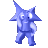 Blue pixelated star-shaped figure with four arms, two white circular eyes, and a small black dot for a nose on a gray background.