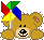Pixelated brown teddy bear with black eyes and a smiling mouth holds four distinct pinwheel positions against gray background.