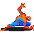 Pixelated cartoon character in orange and blue costume performing a dynamic pose with one arm raised, legs extended, on solid gray background.