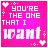 Pink background with white text reading "YOU'RE THE ONE THAT I want" and small heart symbols in various positions.