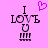 Pixelated text 'I LOVE U' with four exclamation marks below on pink background, one version includes a purple heart symbol above the 'I'.