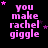 Pixelated text "you make rachel giggle" in pink on black background with scattered purple stars, animated star positions across frames.
