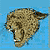 Pixelated animal head with brown and black fur against a light blue background, featuring visible teeth and a pointed ear.