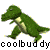 Animated contact sheet of a green T-Rex dinosaur in walking motion across 12 frames, with repeating text "coolbud dy" below each row on gray background.