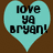 Four heart-shaped icons with cyan fill and brown background; top-left shows text 'love ya bryan!', top-right shows three small hearts, bottom-left shows 'bryan & allison' with a heart symbol.