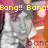 Pixelated image of a person in gray clothing with yellow text reading 'Bang!! Bang!' on the left and 'Boogie!!' on the right.