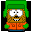 Pixelated character with green hair, brown face, orange vest, and blue pants; mouth open in a smile showing teeth.