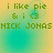 Green pixelated text on a yellow-to-cyan gradient background with four identical showing 'i like pie & i <3 NICK JONAS' and subtle circular patterns