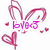 Pixelated pink and purple icon with 'love' text, heart shapes, and abstract curved lines on white background.