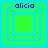 Four identical square display a green and blue pixelated design with the text 'alicia' at top, each showing different nested square arrangements