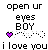 Pixelated text-based buddy icon with black pixel font, purple heart symbol, and dotted line effects on white background.