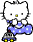 Pixelated white cat with black outline, yellow nose, and blue polka-dot dress on gray background.