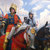 Pixelated static image shows two figures on horseback under a bright sky, one figure in red and blue clothing with a golden halo, the other in dark clothing holding reins.