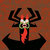 A pixelated figure with dark, curved antler-like shapes extends from a central head, featuring a glowing white and green face with a red vertical element below.