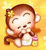 Pixelated cartoon monkey with brown hair and a yellow flower, holding a pink-and-yellow object against a bright yellow background.